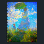 Monet Woman with a Parasol Notebook<br><div class="desc">A notebook featuring Claude Monet’s wife,  Camille,  holding a parasol,  and their son,  Jean,  taking a walk in a vibrant green field being blown by the wind on a summer’s day. A great Monet gift for fans of impressionism and French art.</div>