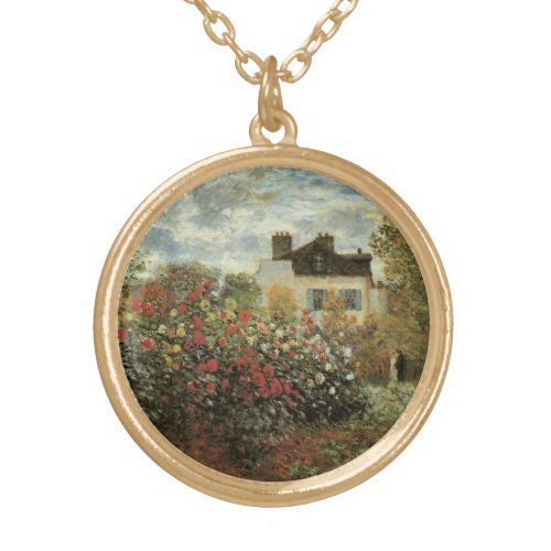 Monets Garden at Argenteuil by Claude Monet Gold Plated Necklace
