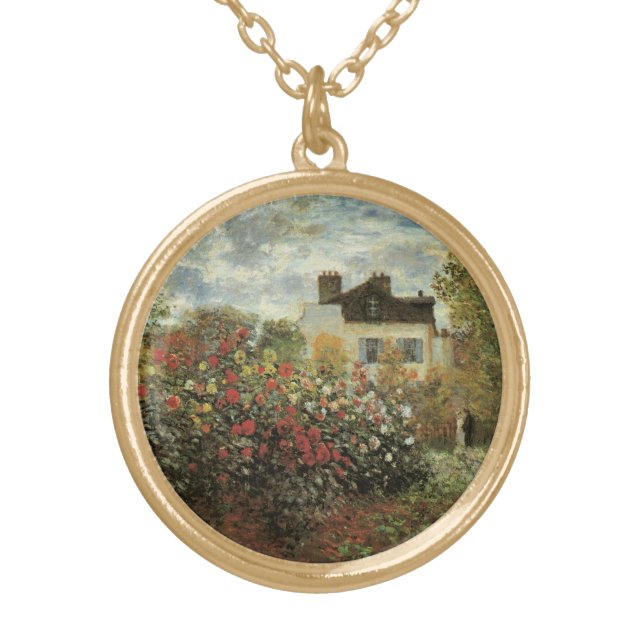 Monet's Garden at Argenteuil by Claude Monet Gold Plated Necklace (Front)