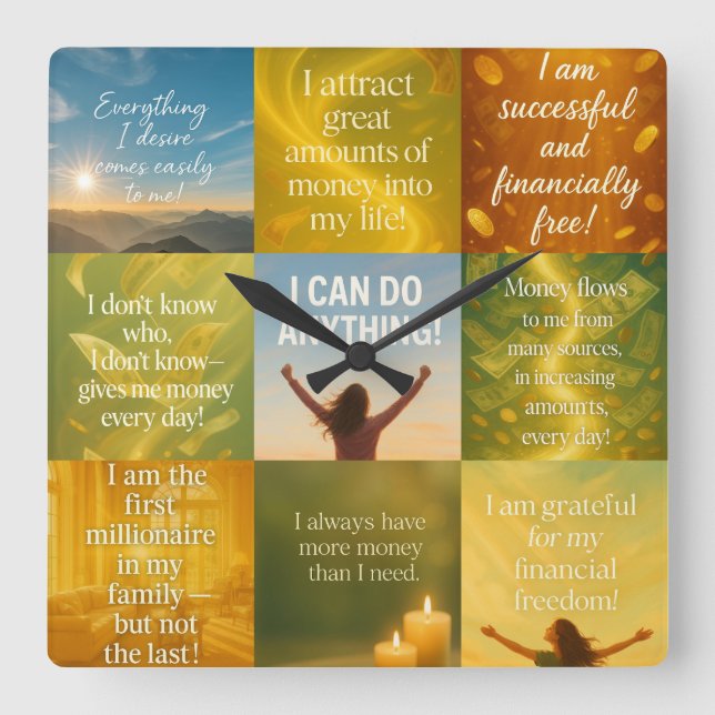 Money affirmation square wall clock (Front)