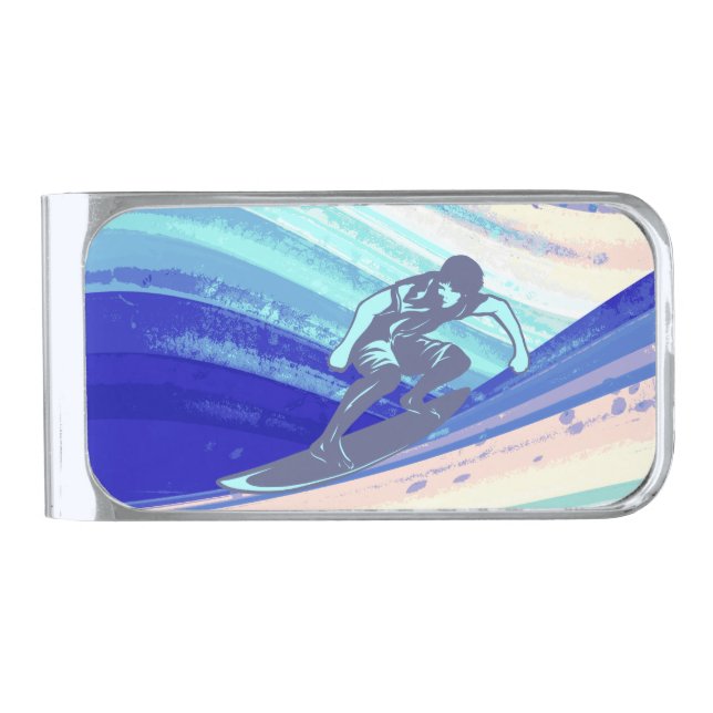 Money Clip, Surfer Design Silver Finish Money Clip (Front)