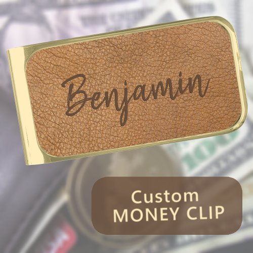 Money Clips for Men Faux Leather  Name Template Gold Finish Money Clip