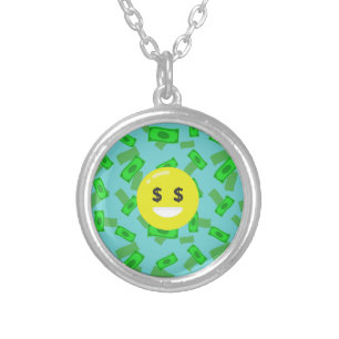 money eyed emoji silver plated necklace