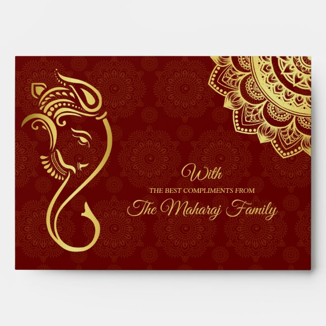 Money gift Indian wedding maroon gold Ganesha  Envelope (Front)
