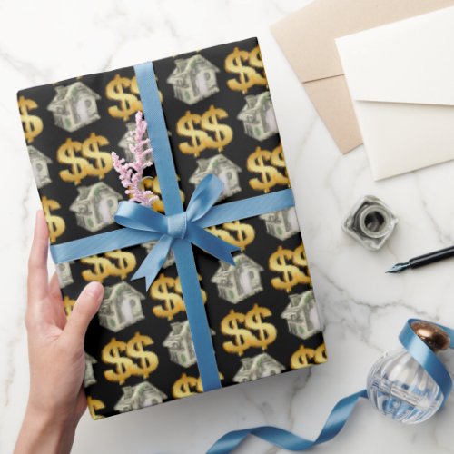 Money Houses and Gold Dollar Signs Wrapping Paper