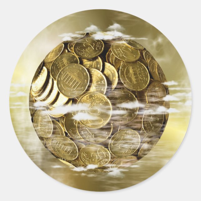 Money makes the world go around, money globe gold classic round sticker (Front)