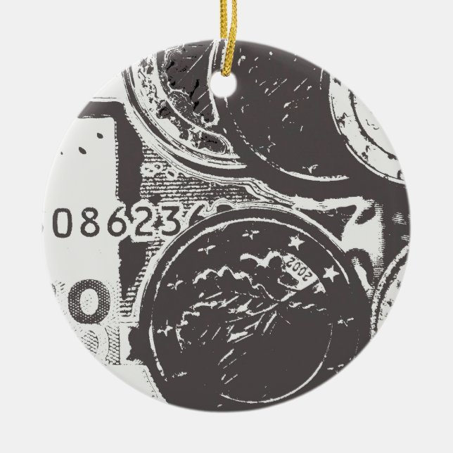 Money makes the world go round ceramic ornament (Front)