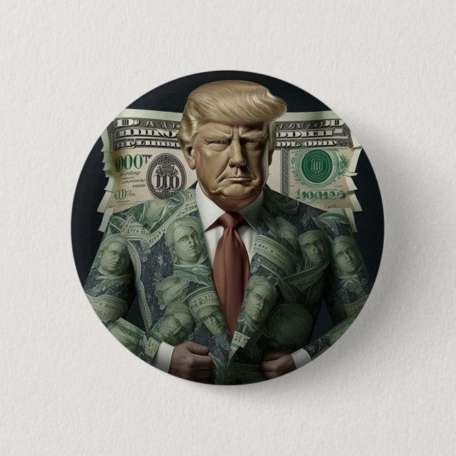 Money Suit Trump: A Symbol of Wealth and Power Button (Front)