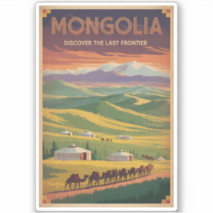Mongolia Camels Yurt Illustration Travel Art Retro Sticker
