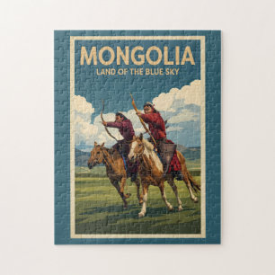 Mongolia Horsemen Illustration Travel Art Vintage Jigsaw Puzzle