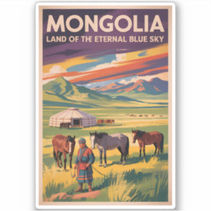 Mongolia Horses Yurt Illustration Travel Art Retro Sticker