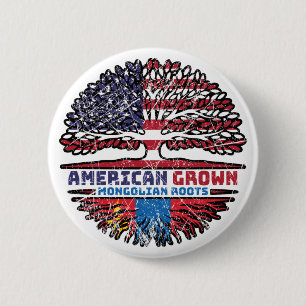 Mongolia Mongolian American USA Tree Roots Flag Button
