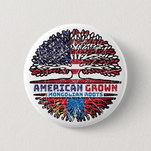 Mongolia Mongolian American USA Tree Roots Flag Button (Front)