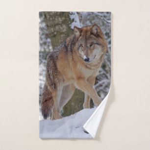 Mongolian alphawolf in snow hand towel