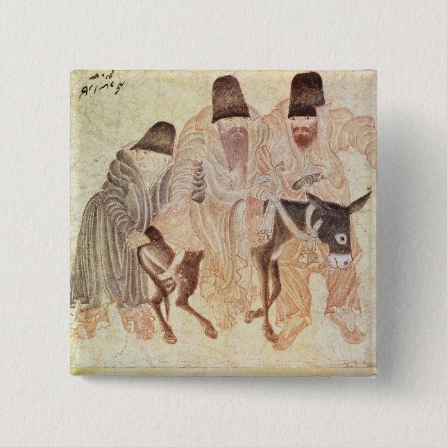 Mongolian nomads with a donkey, 15th century pinback button (Front)