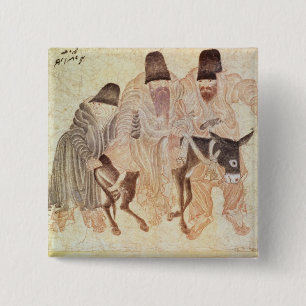 Mongolian nomads with a donkey, 15th century pinback button