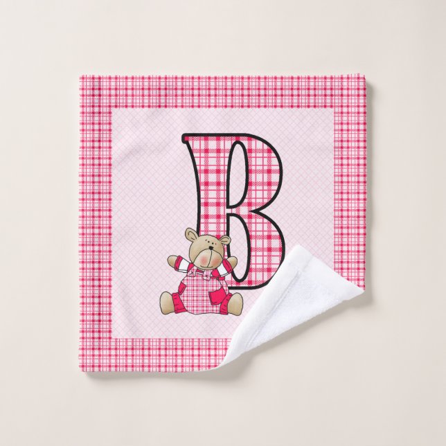 Mongoram B for Bear in Pink Checks for Girls Wash Cloth (Wash Cloth)
