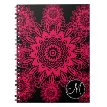 Mongram Black Hot Pink Fuchsia Lace Snowflake Notebook by PrettyPatternsGifts at Zazzle