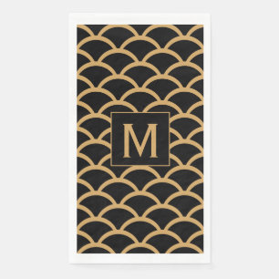 Mongram Gold, Black Art Deco Fish Scale Pattern Paper Guest Towels