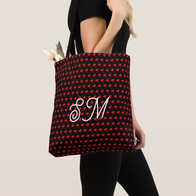 Mongram Red Heart Girly Balloon Black All Print Tote Bag (Close Up)