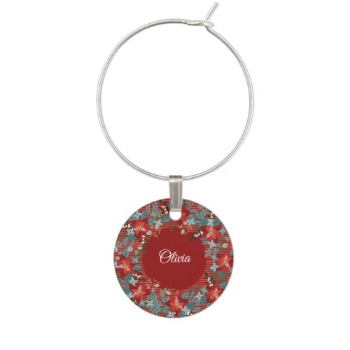 Mongrammed Name Floral Christmas Holiday Wine Charm