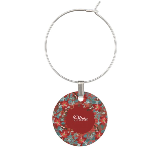 Mongrammed Name Floral Christmas Holiday Wine Charm (Front)