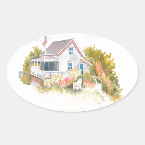 Monhegan Cottage J Kilburn Oval Sticker