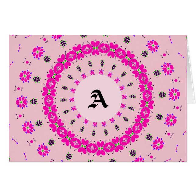 Monigram, Letter A, Blank, Pink with Flowers Cards (Front Horizontal)