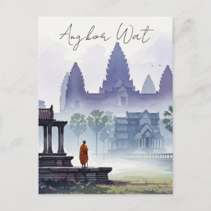 Monk at Angkor Wat Cambodia Watercolor Postcard