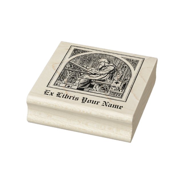 Monk At Medieval Writing Desk - Bookplate Rubber Stamp (Stamp)