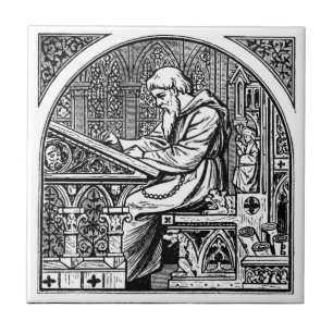 Monk At Medieval Writing Desk Ceramic Tile