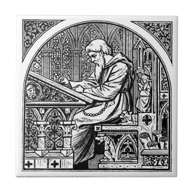Monk At Medieval Writing Desk Ceramic Tile (Front)