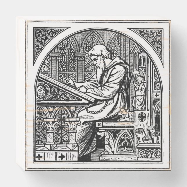 Monk At Medieval Writing Desk Wooden Box Sign (Front Horizontal)