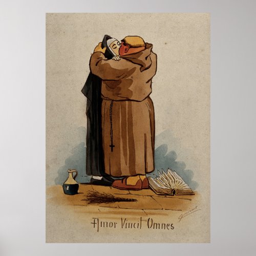 Monk kissing Nun Love Conquers All Latin Text Poster