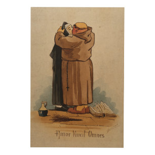 Monk kissing Nun, Love Conquers All, Watercolor Wood Wall Decor