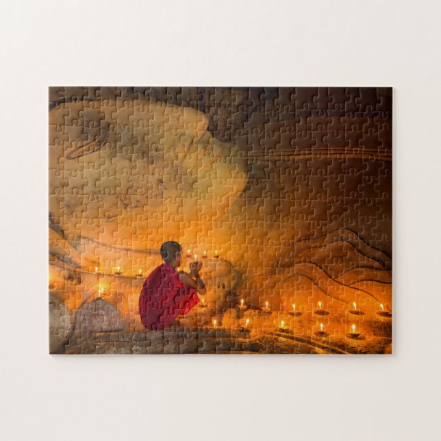 Monk Praying By A Buddha Jigsaw Puzzle (Horizontal)
