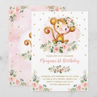 Monkey 1st Birthday Blush Pink Floral Wild One Invitation