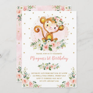 Monkey 1st Birthday Blush Pink Floral Wild One Invitation