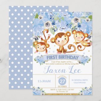 Monkey 1st Birthday Invitation Boy Blue Floral