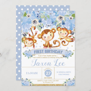 Monkey 1st Birthday Invitation Boy Blue Floral