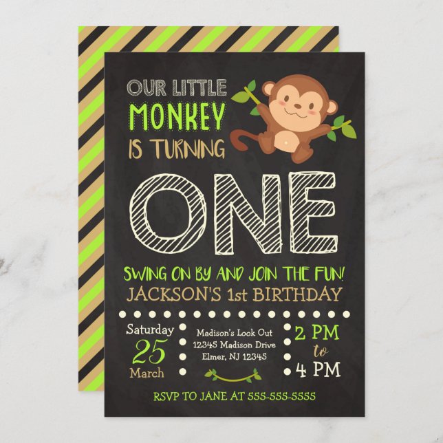 Monkey 1st Birthday Invitation for a Boy (Front/Back)