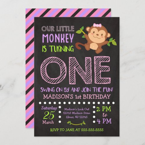 Monkey 1st Birthday Invitation for a Girl