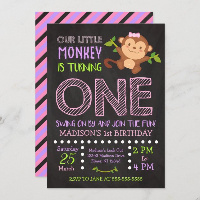 Monkey 1st Birthday Invitation for a Girl (Front/Back)