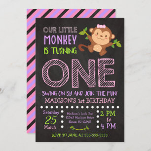 Monkey 1st Birthday Invitation for a Girl