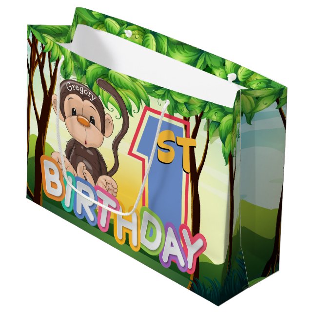 Monkey 1st Birthday Party Custom Large Gift Bag (Front Angled)