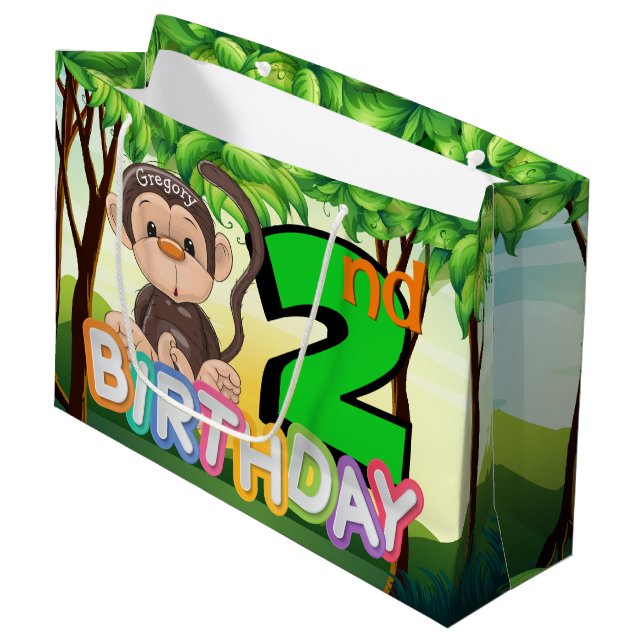 Monkey 2nd Birthday Party Custom Large Gift Bag (Front Angled)