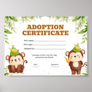 Monkey adopt a pet coloring certificate poster