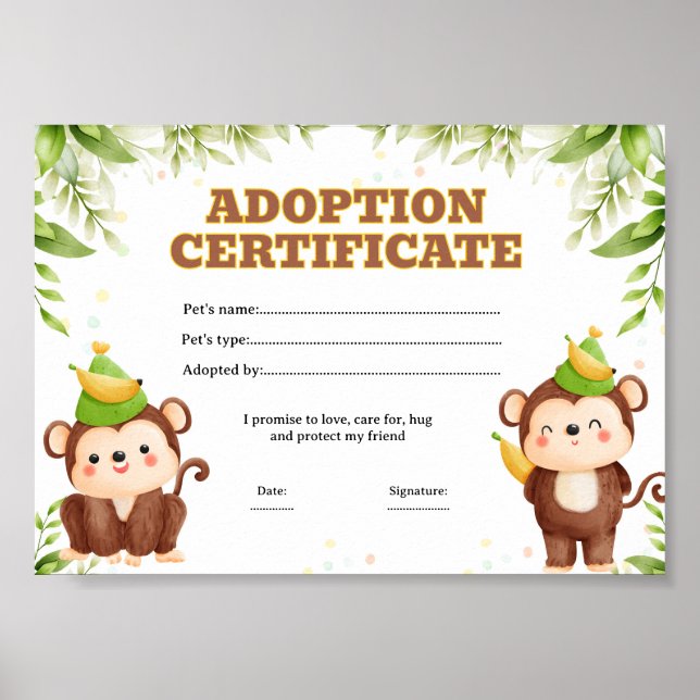 Monkey adopt a pet coloring certificate poster (Front)