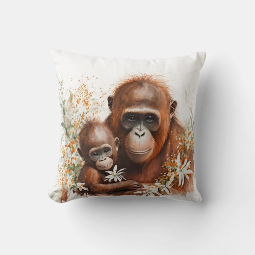 Monkey and Baby Watercolor Throw Pillow