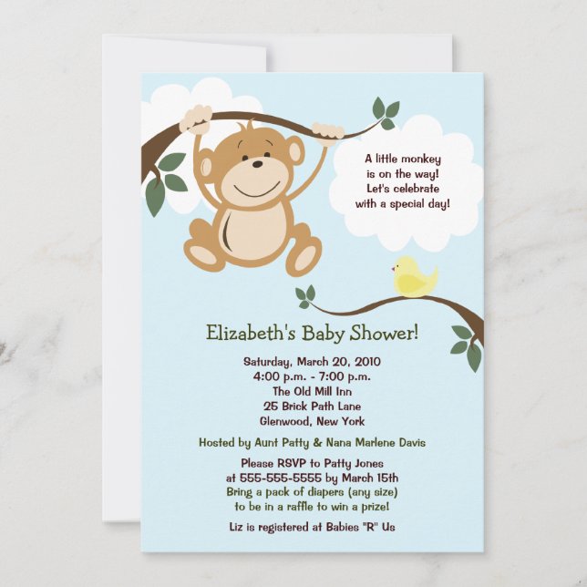 Monkey and Birdie Neutral Baby Shower Invite (Front)